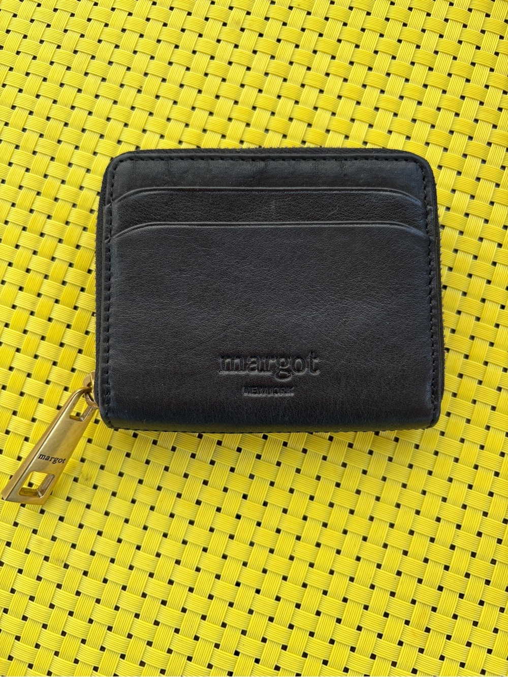 margot Black Leather Zip Card Case with Gold Pull